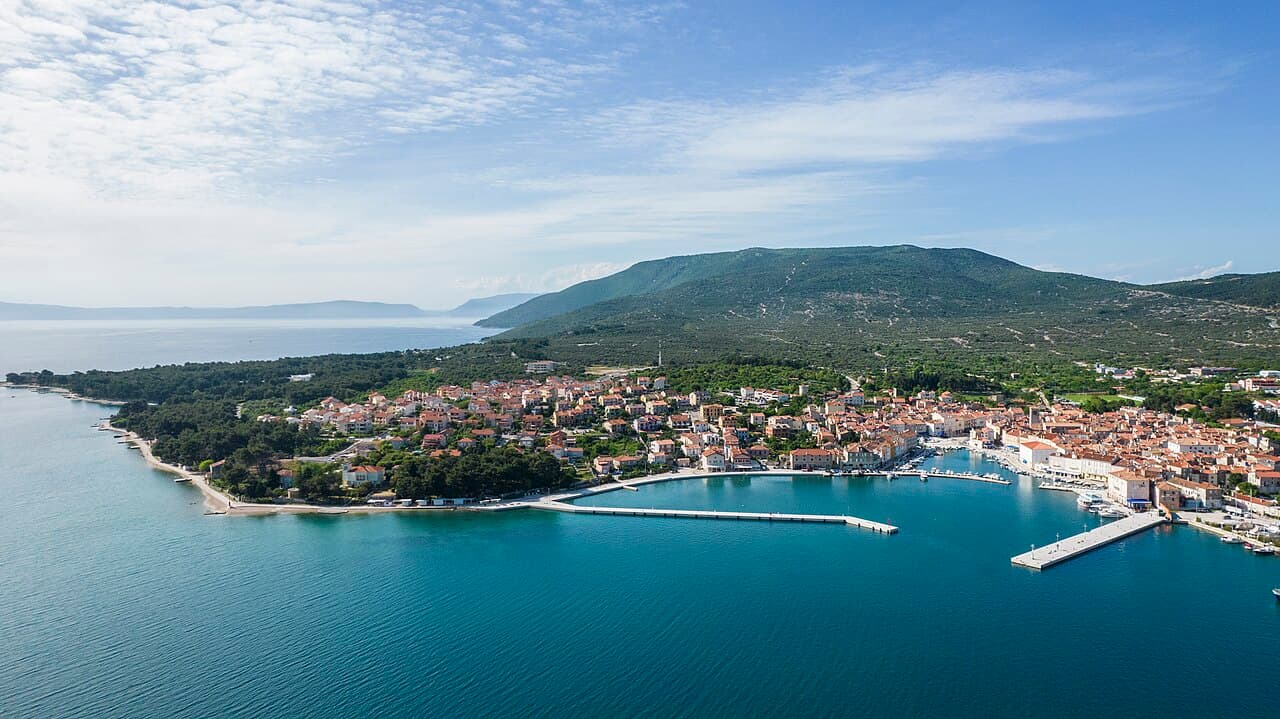 Aerial view of Cres town and its harbour on the island of Cres