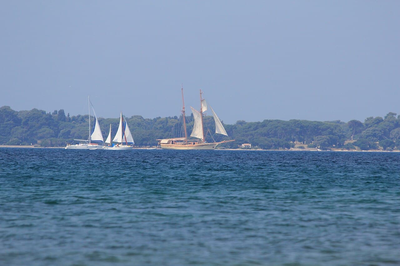 Sailing boats off the wooded shore of Brijuni
