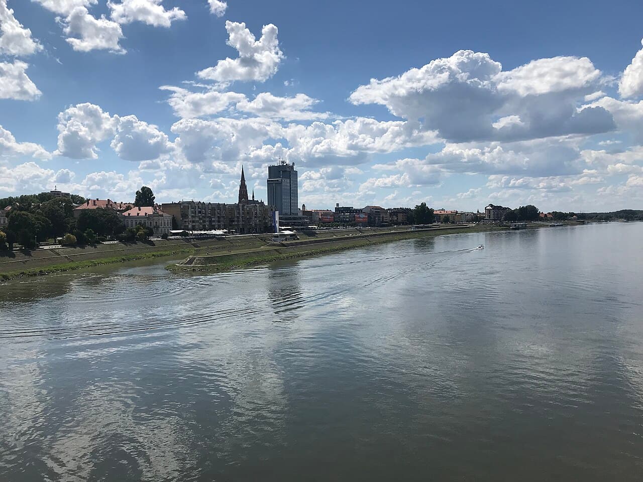 View of Osijek and the Drava riverfront from the pedestrian bridge
