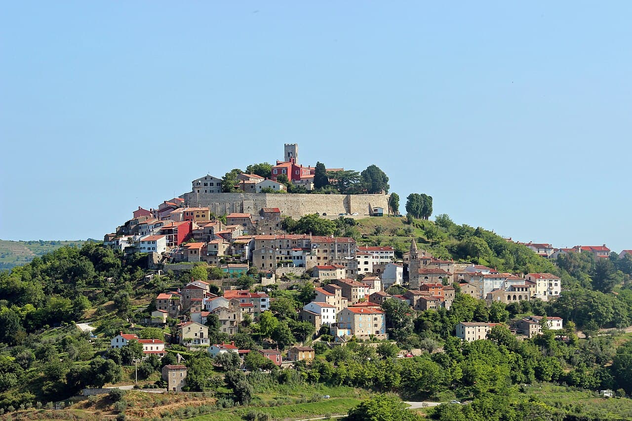 The hilltop town of Motovun in central Istria, Croatia, seen from a distance