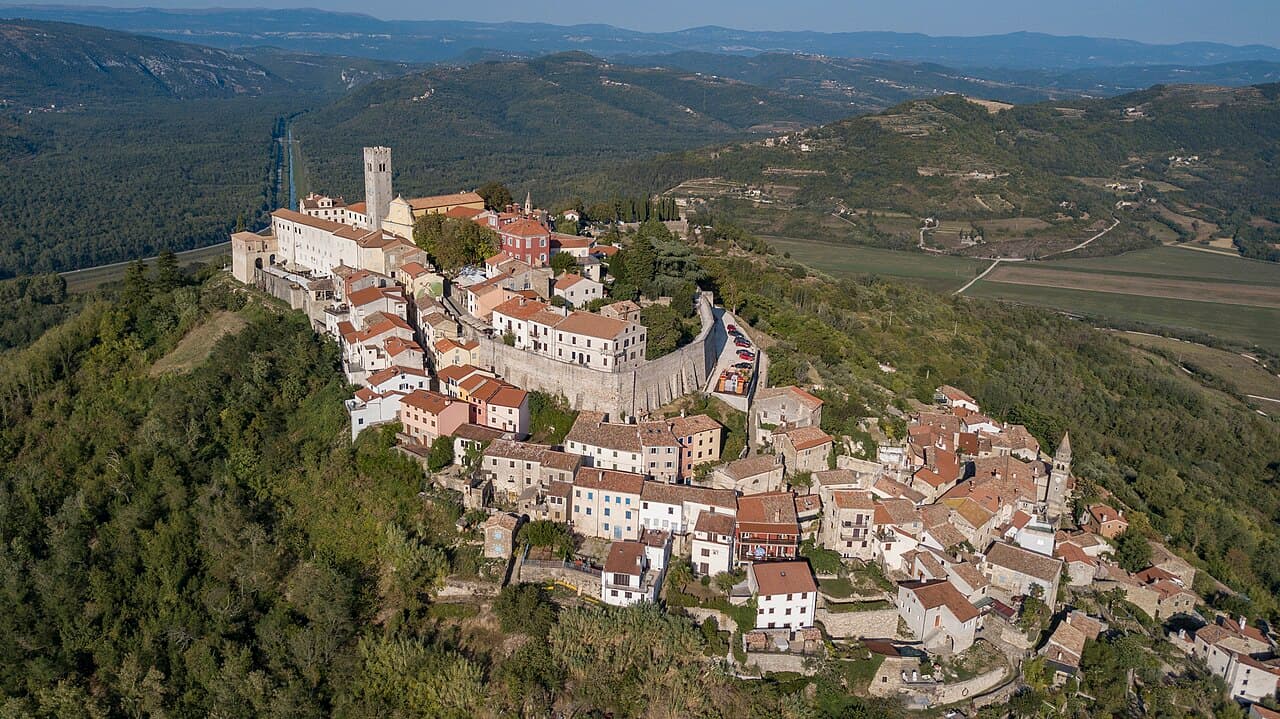 Aerial view of the hilltop town of Motovun in Istria