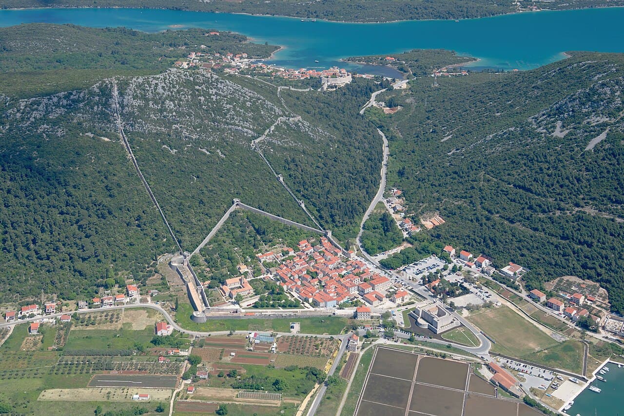 Aerial view of Ston, its salt pans and the Walls of Ston