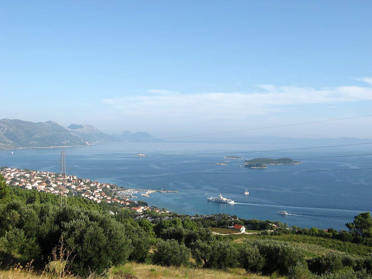 Orebić and the Pelješac Channel with a ferry crossing toward Korčula