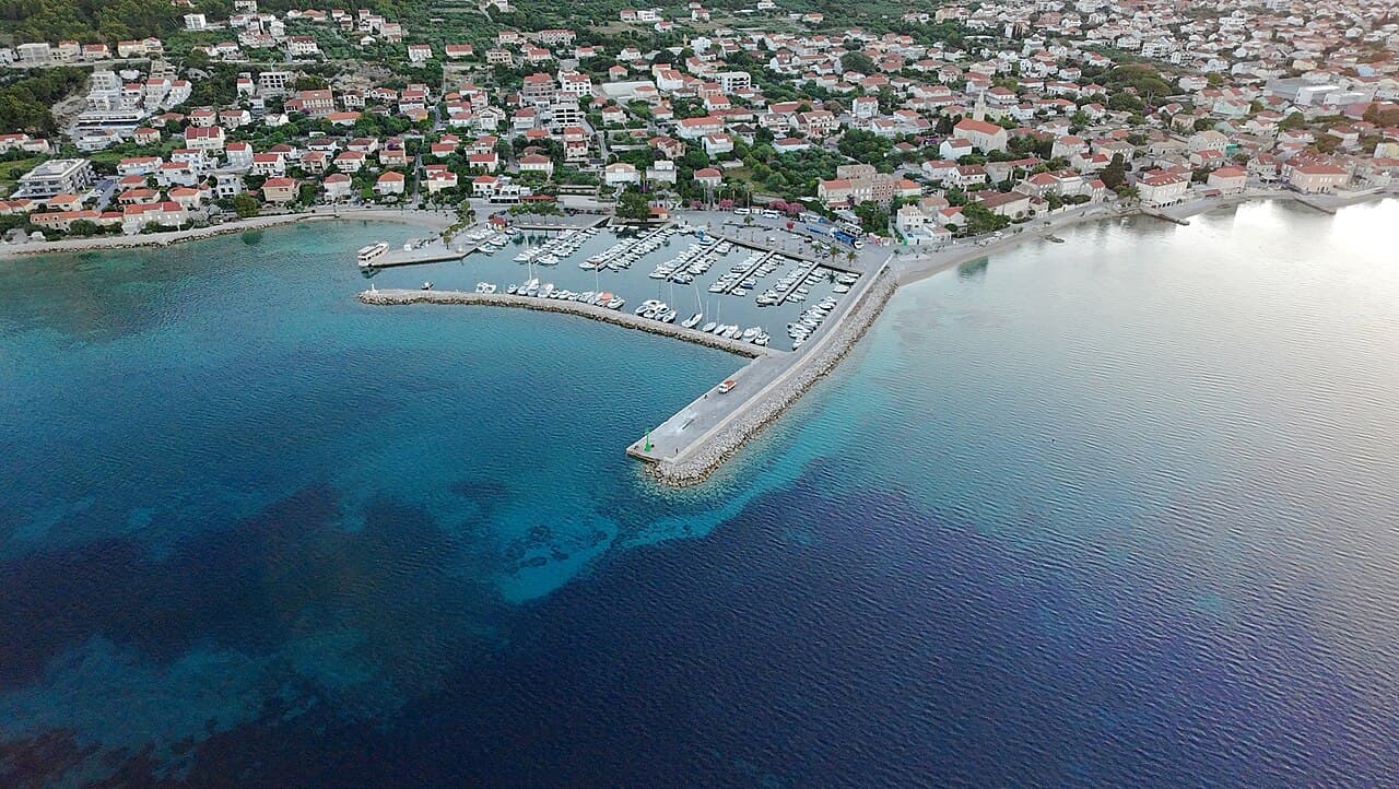 Aerial view of the marina and seafront of Orebić