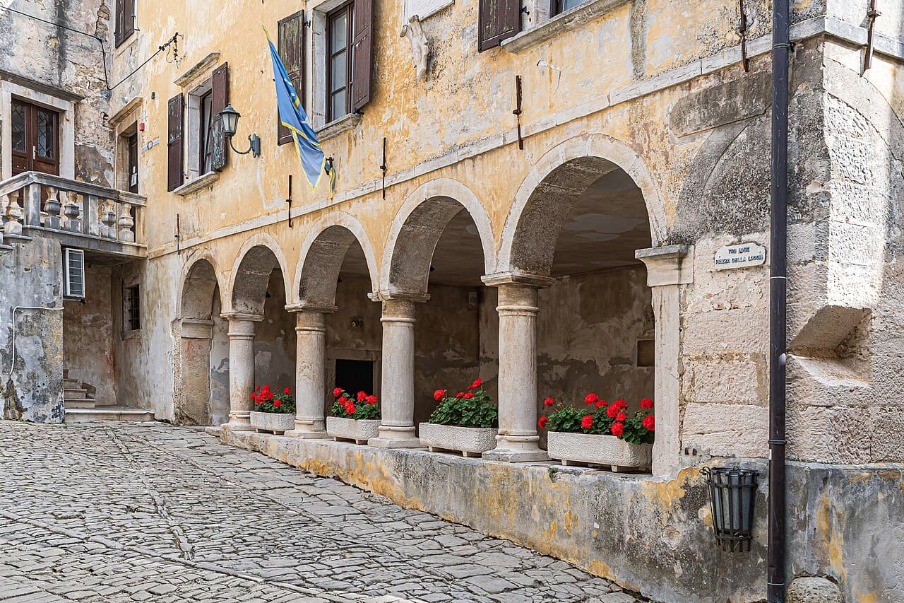 Stone loggia on Trg Lode in the old town of Grožnjan