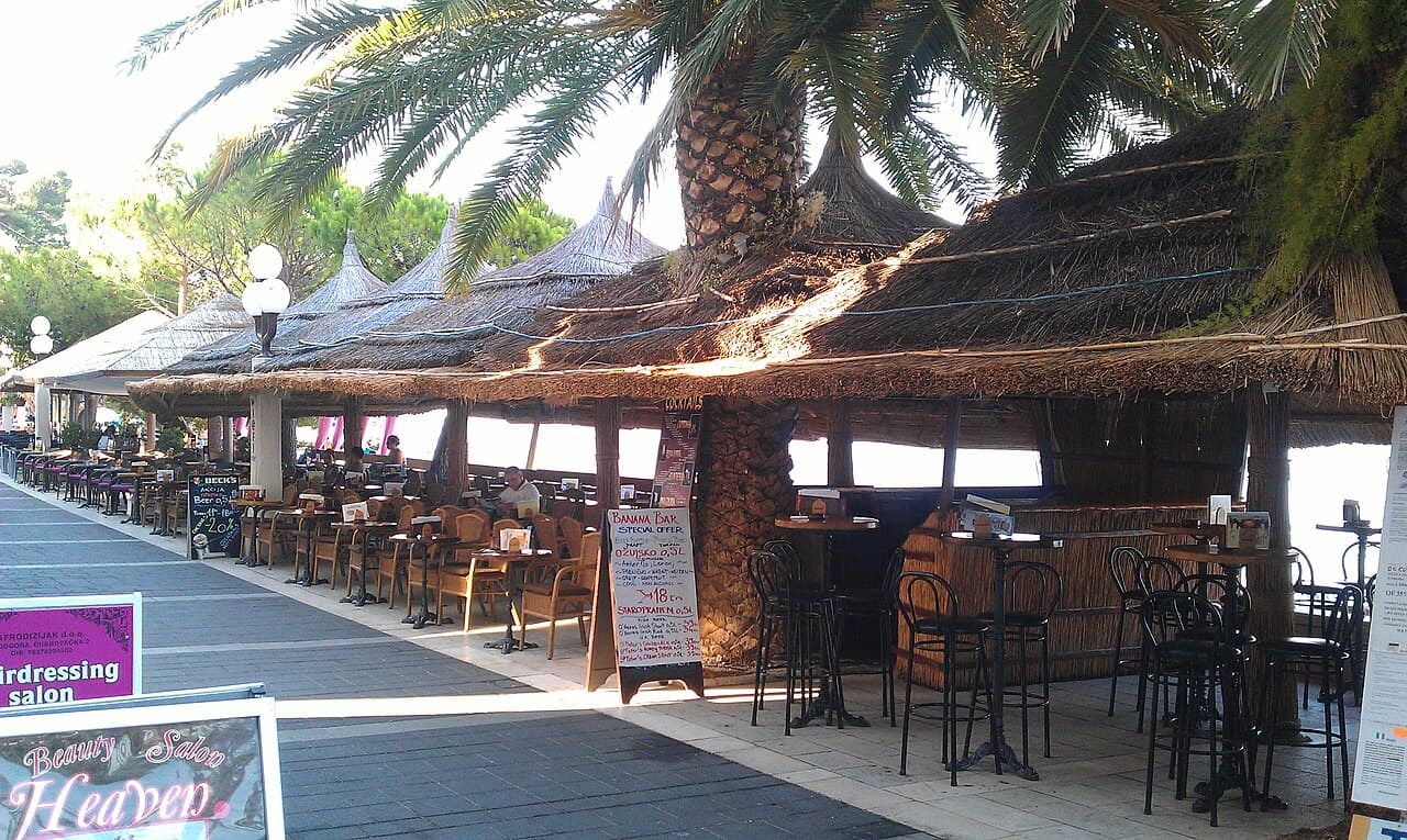 Palm-shaded seafront promenade with cafés in Podgora