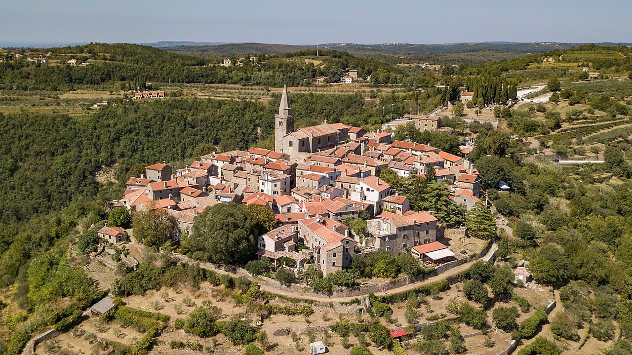 Aerial view of the hilltop town of Grožnjan in Istria