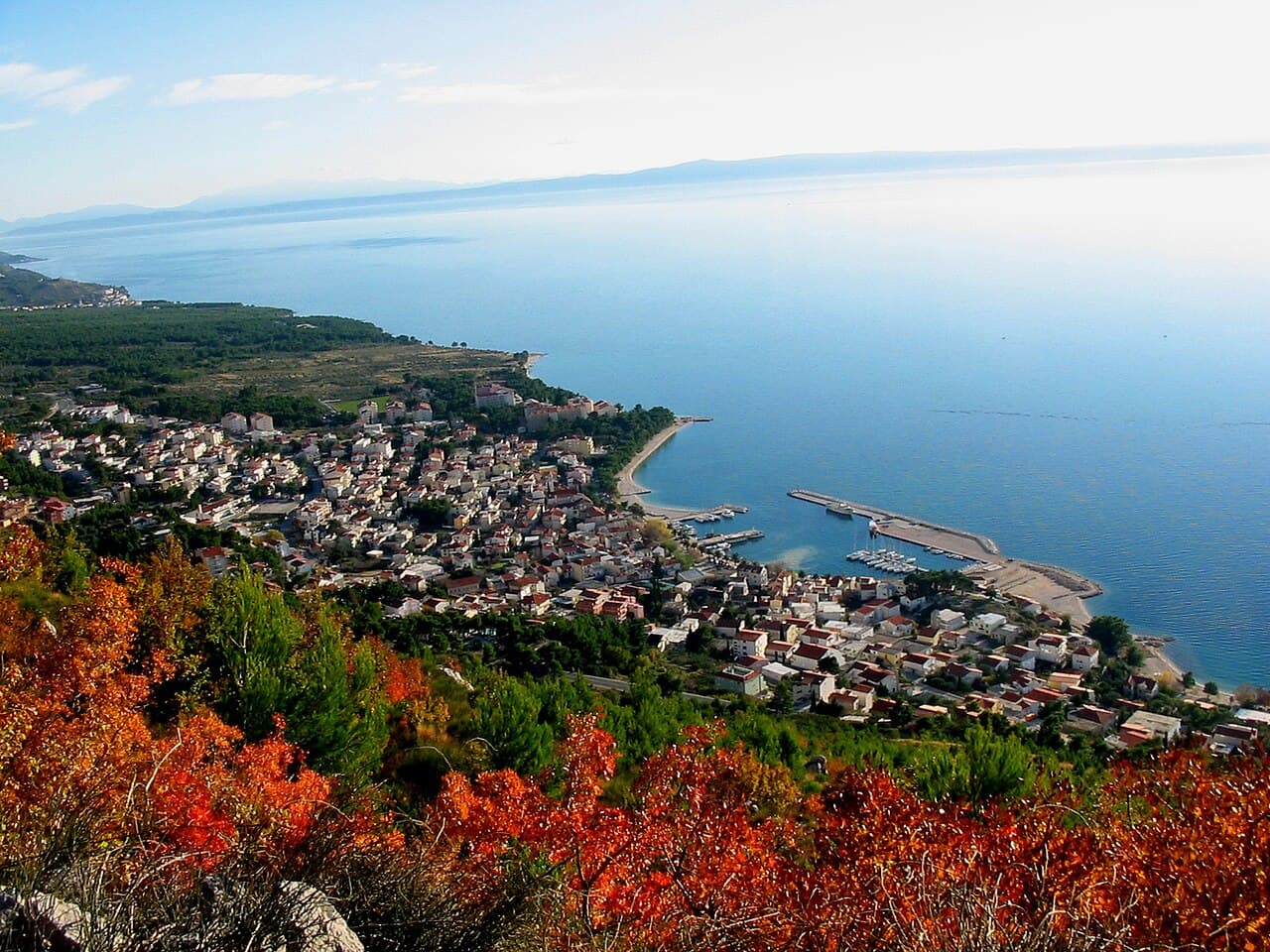 Panoramic view of Baška Voda and its harbour on the Makarska Riviera